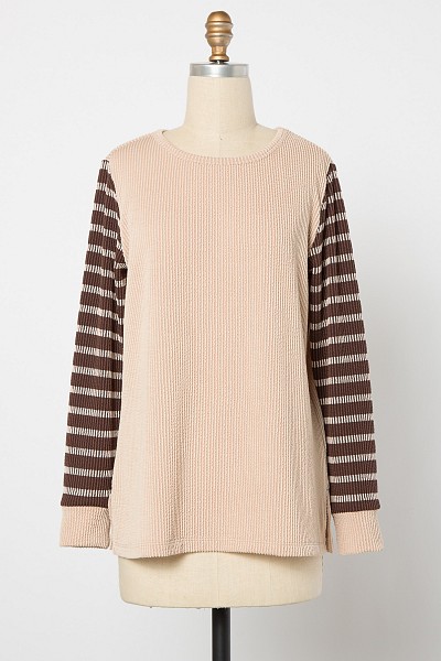 PT11611PLUS URBAN RIB KNIT STRIPED SLEEVES SWEATER